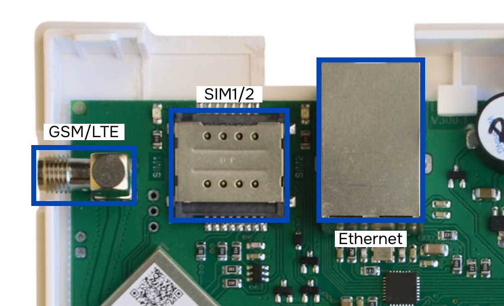Разъём Ethernet (XS4) и антенна GSM/LTE (XS3) на плате БРО-5 GSM+
