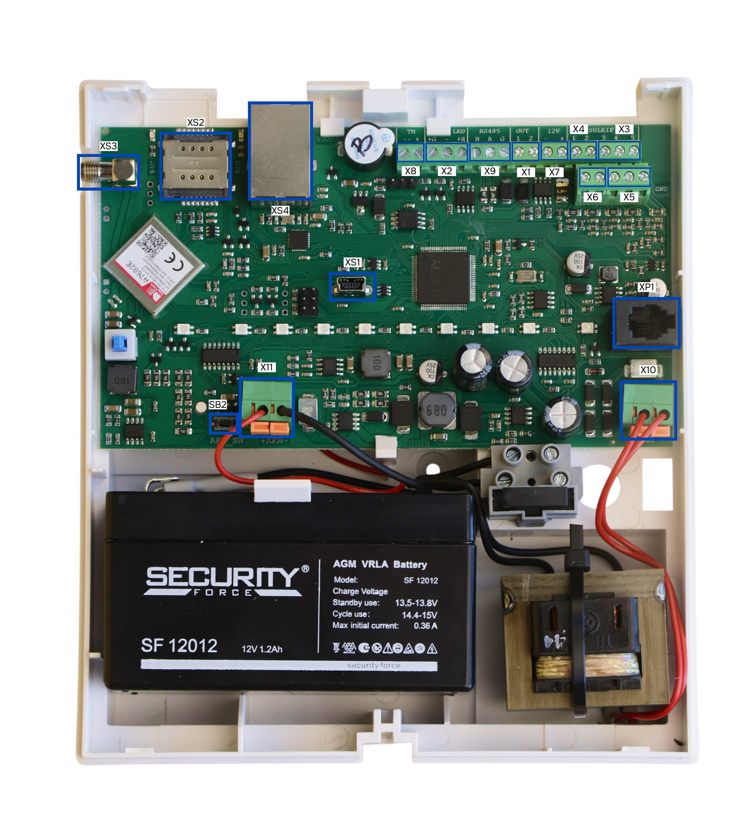 Плата контроллера БРО-5 GSM+ с выносками разъёмов X1…X11, XS1…XS4, XP1, SB2